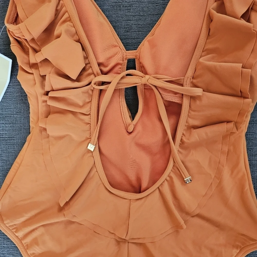 Michael Kors Women's Orange v neck Ruffle One Piece Swimsuit Size 8